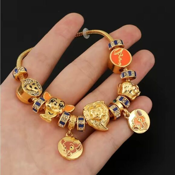 Gold Plated Disney Lion King Themed Enameled Loaded Charm Bracelet - Picture 5 of 5